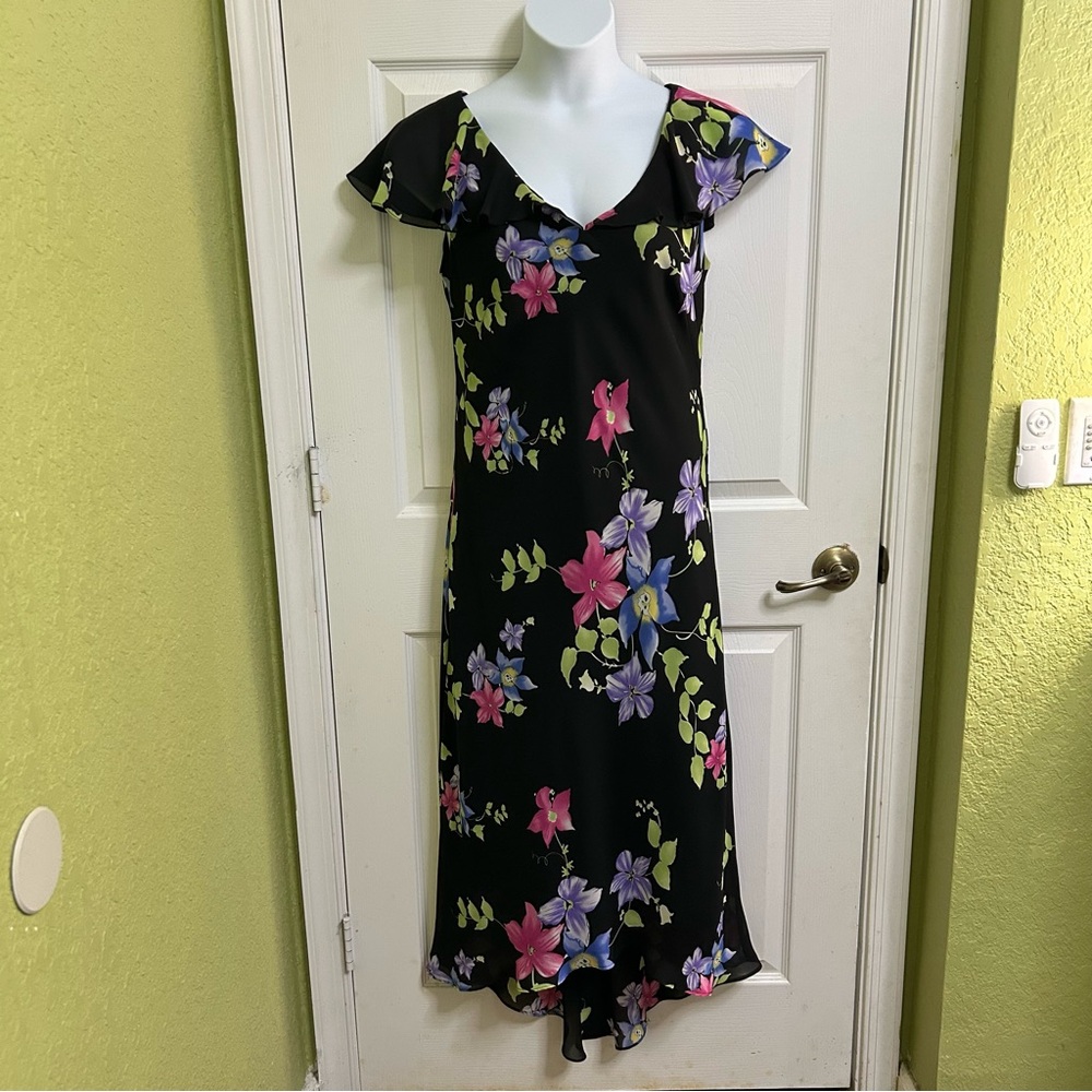 Maggy London Black Dress with Pink and Purple Flowers Party Vacation Boho Sz 14